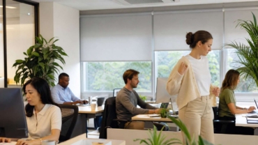 Personas trabajando cómodamente en una oficina con climatización equilibrada