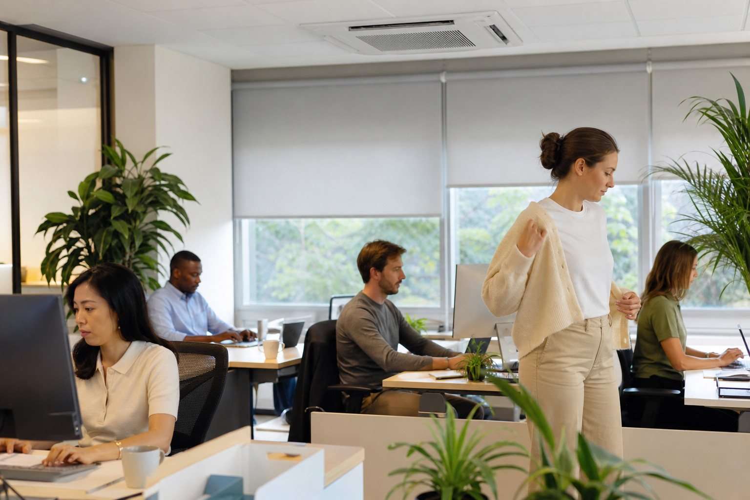 Personas trabajando cómodamente en una oficina con climatización equilibrada